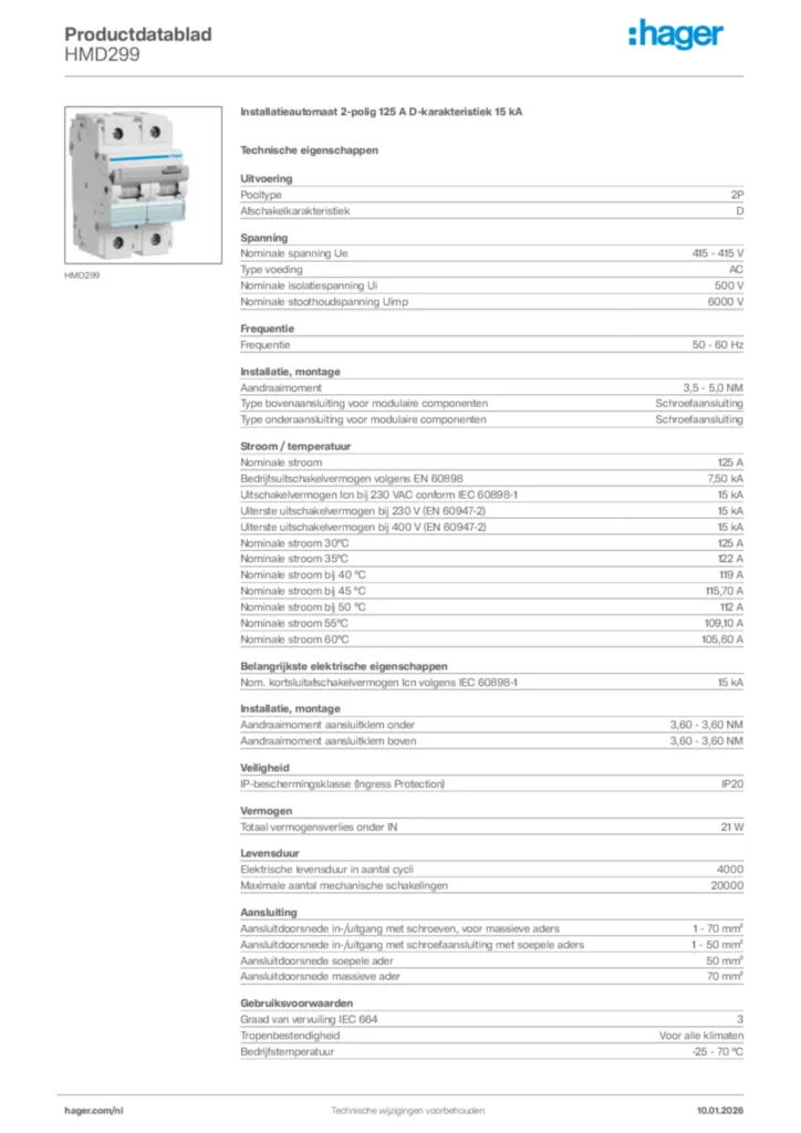 Afbeelding Hager Productdatablad HMD299 | Hager Nederland