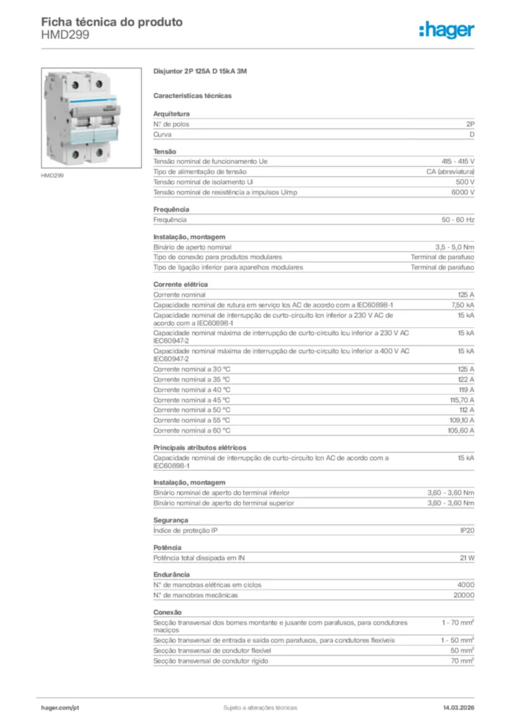 Imagem Hager Ficha técnica do produto HMD299 | Hager Portugal