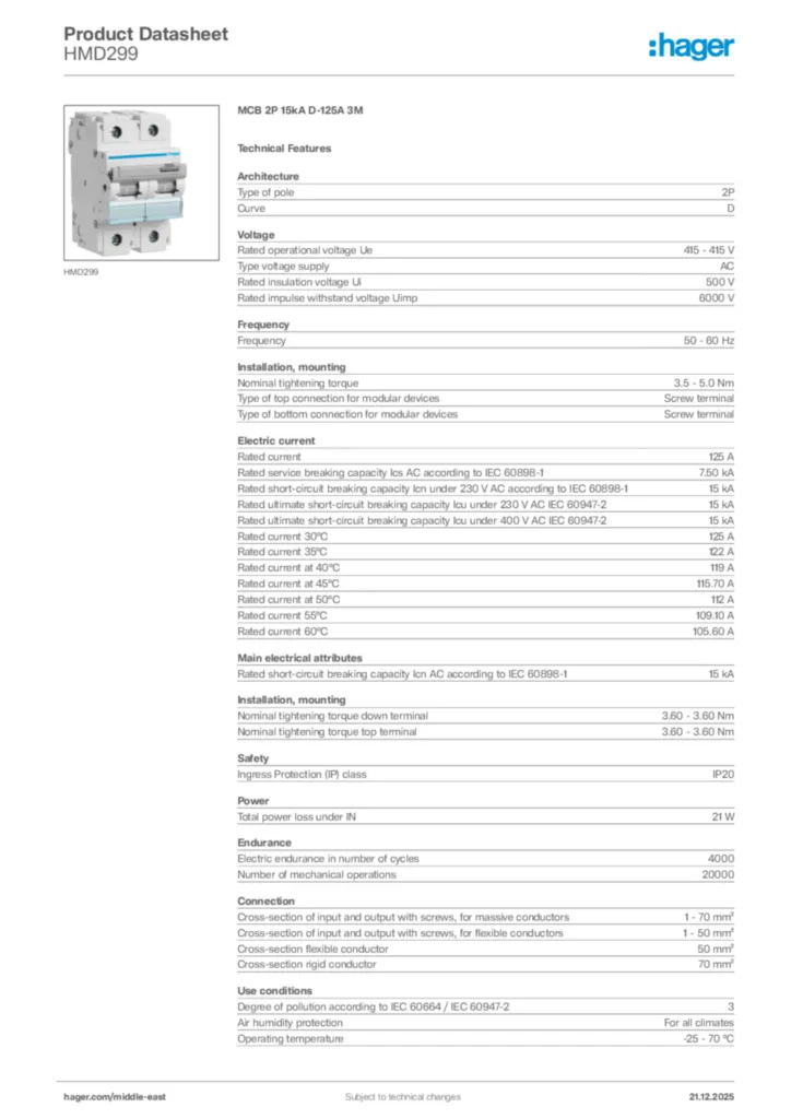 Image Hager Product data sheet HMD299  | Hager