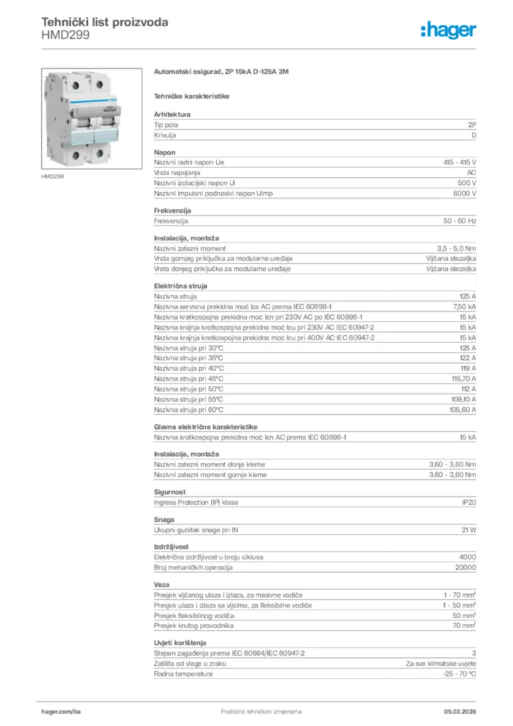 Slika Hager Tehnički list proizvoda HMD299  | Hager