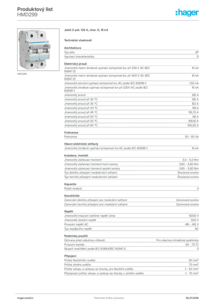 Obrázek Hager Produktový list HMD299 | Hager