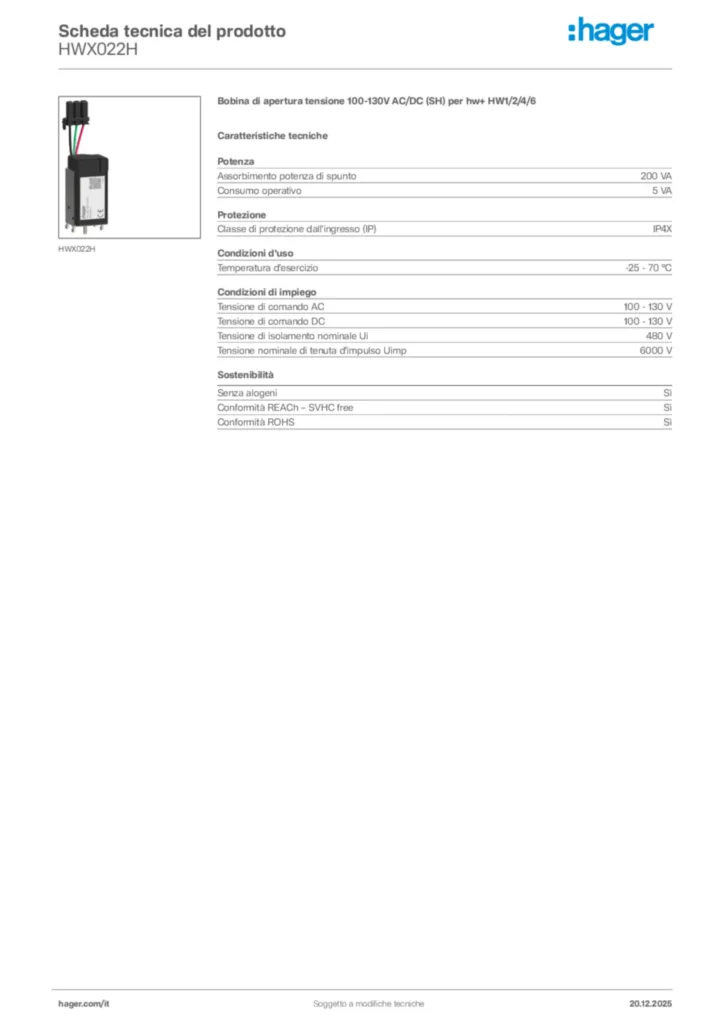 Immagine Hager Scheda tecnica del prodotto HWX022H | Hager Italia