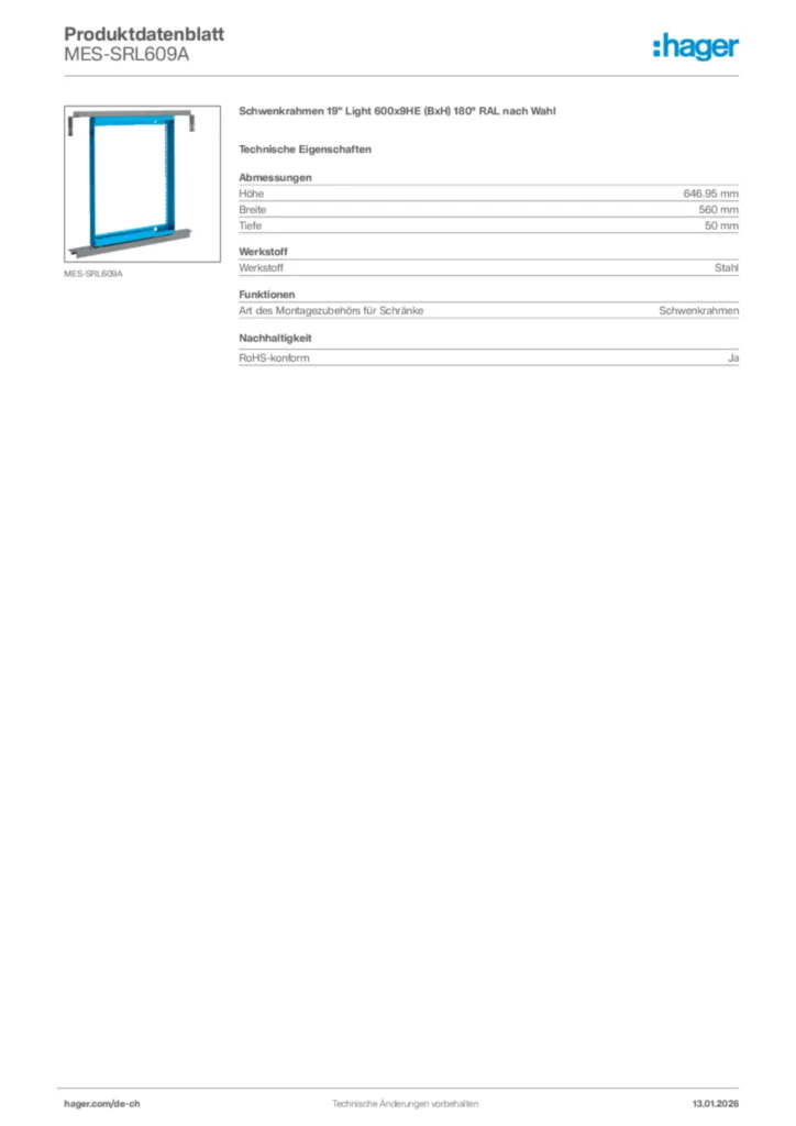 Bild Hager Produktdatenblatt MES-SRL609A | Hager Schweiz