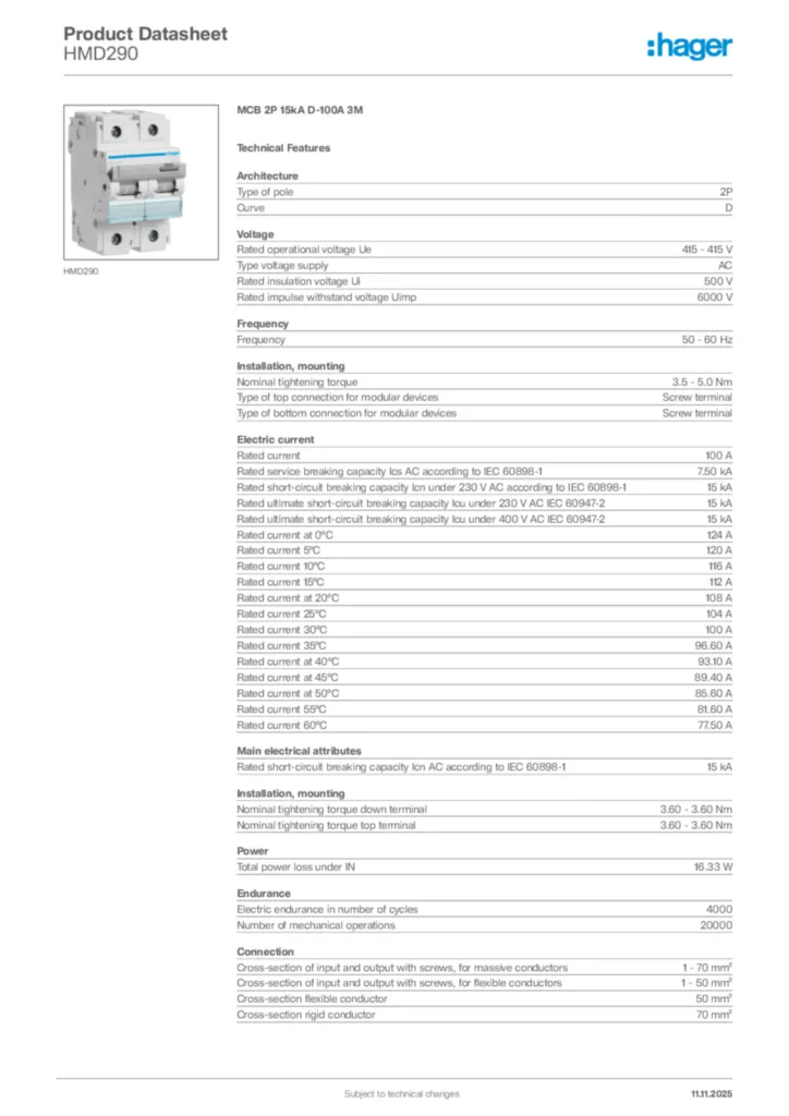 Image Hager Product data sheet HMD290  | Hager Africa