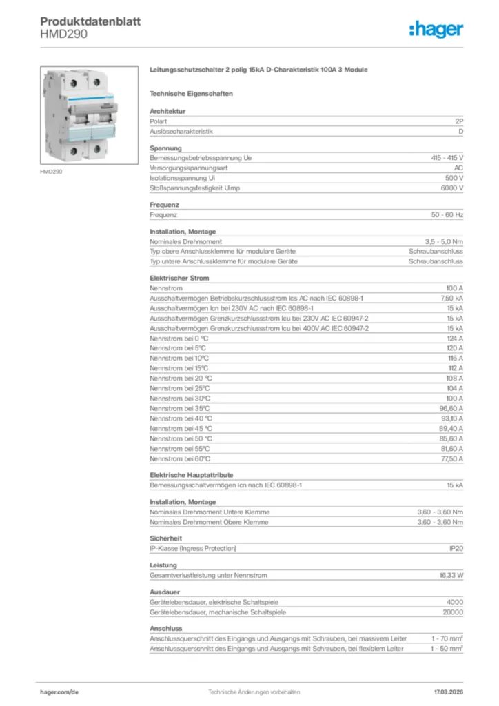 Bild Hager Produktdatenblatt HMD290 | Hager Deutschland