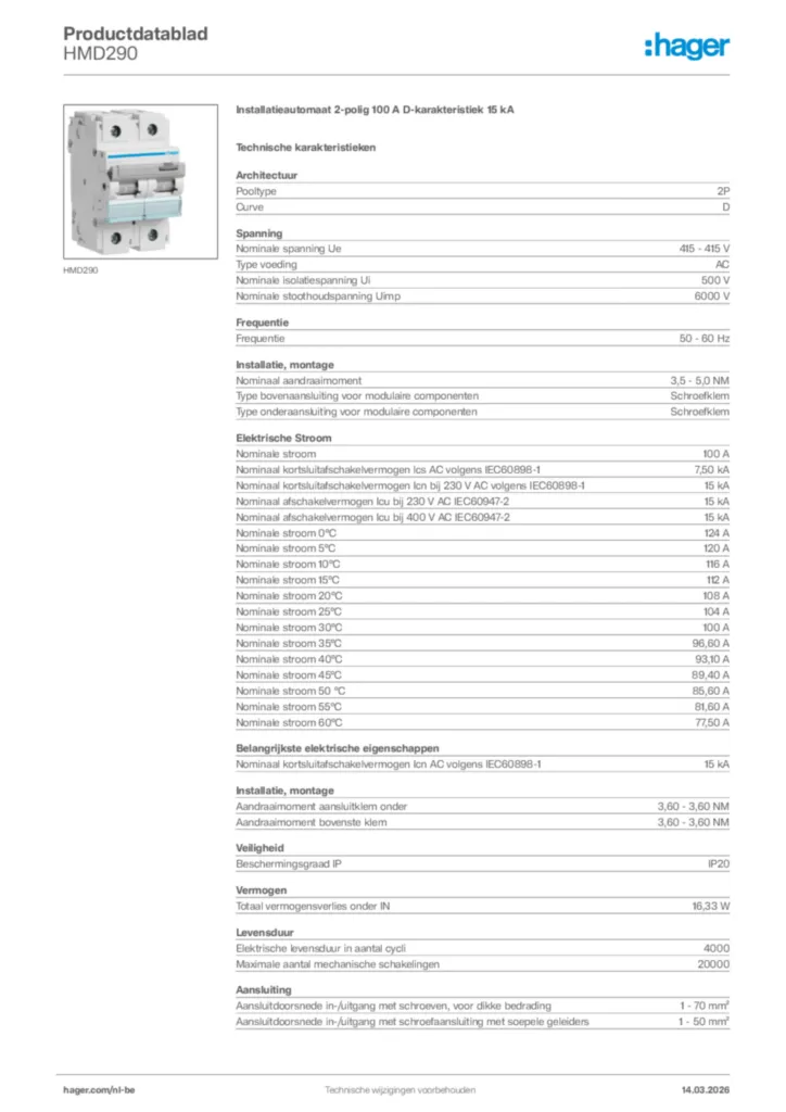 Afbeelding Hager Productdatablad HMD290 | Hager Belgium