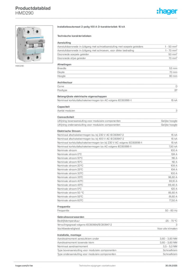 Afbeelding Hager Productdatablad HMD290 | Hager Belgium