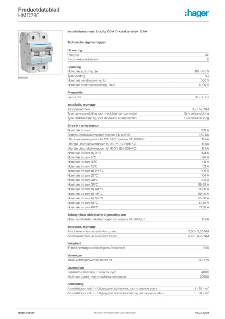Afbeelding Hager Productdatablad HMD290 | Hager Nederland