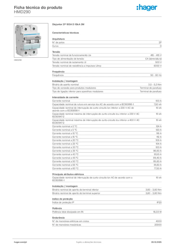Imagem Hager Ficha técnica do produto HMD290 | Hager Portugal