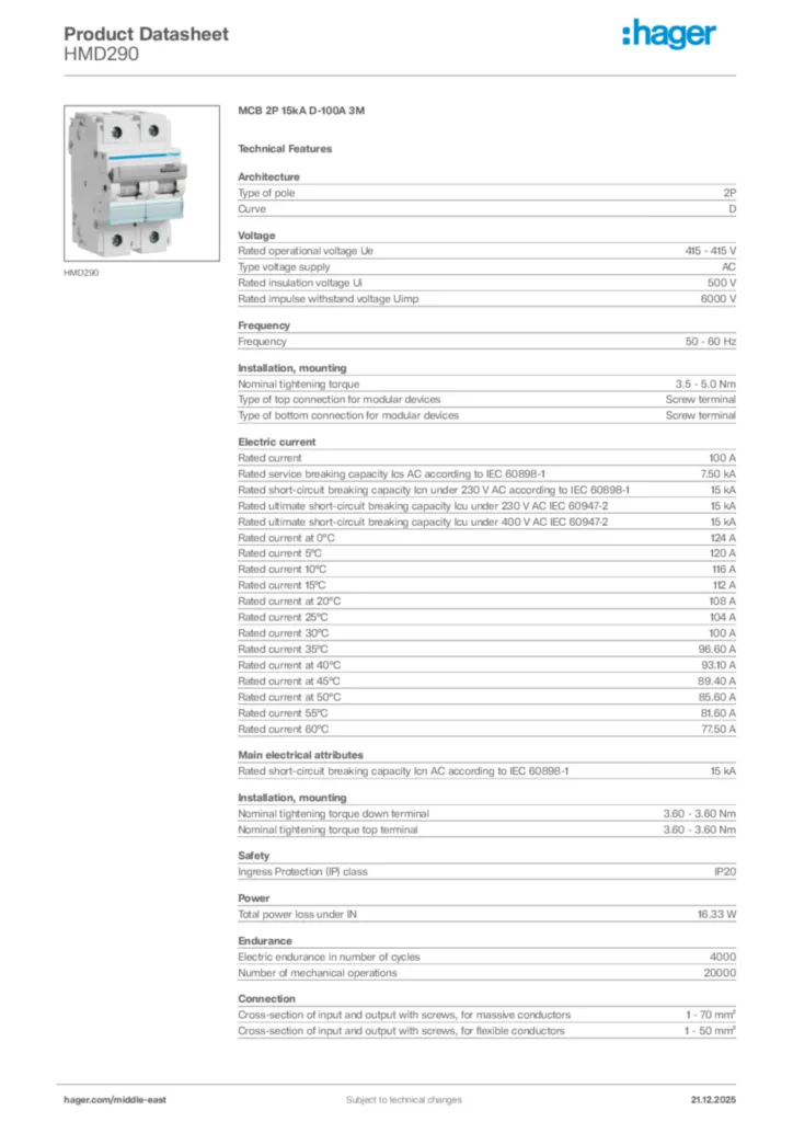 Image Hager Product data sheet HMD290  | Hager