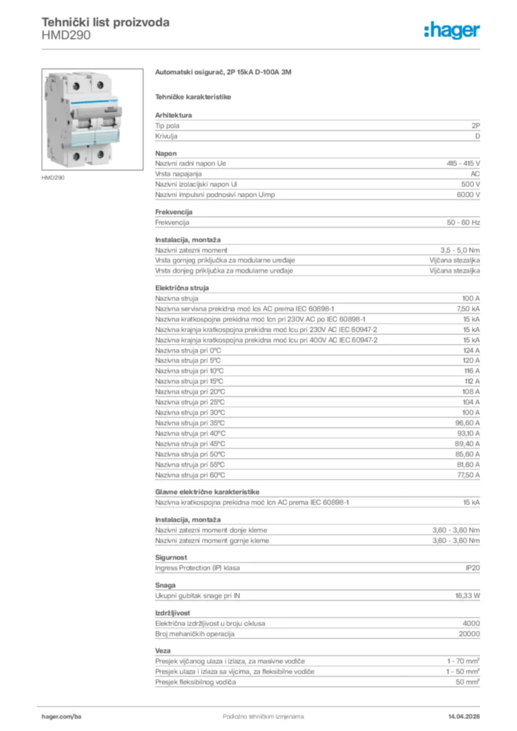 Slika Hager Tehnički list proizvoda HMD290  | Hager