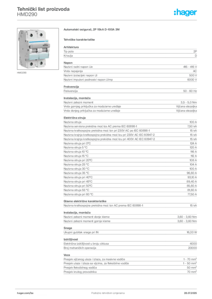 Slika Hager Product data sheet HMD290  | Hager