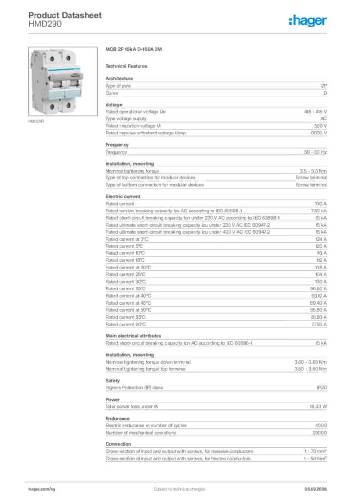 Image Hager Product data sheet HMD290  | Hager