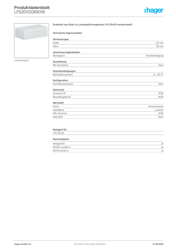 Bild Hager Produktdatenblatt LFS2003069016 | Hager Schweiz