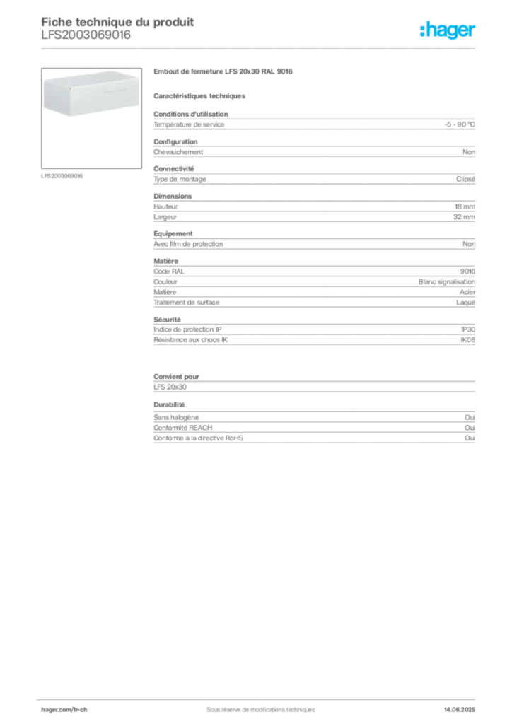 Image Hager Fiche technique du produit LFS2003069016 | Hager Suisse