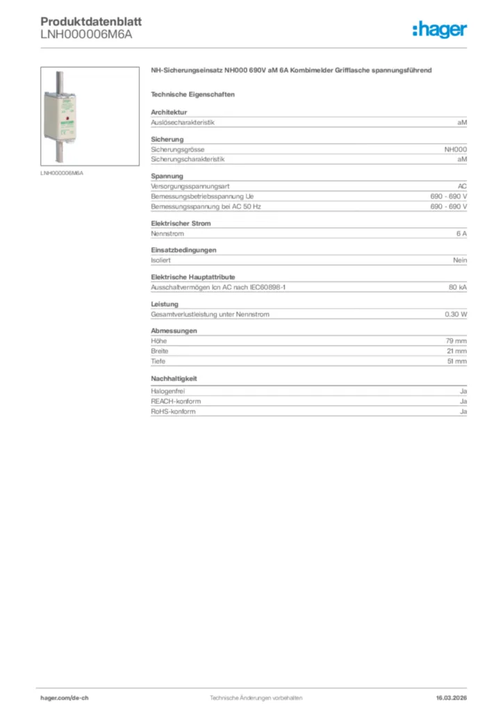 Bild Hager Produktdatenblatt LNH000006M6A | Hager Schweiz