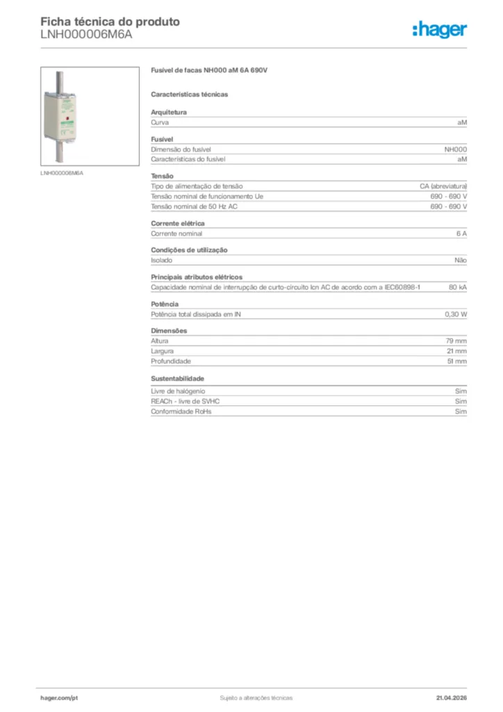 Imagem Hager Ficha técnica do produto LNH000006M6A | Hager Portugal