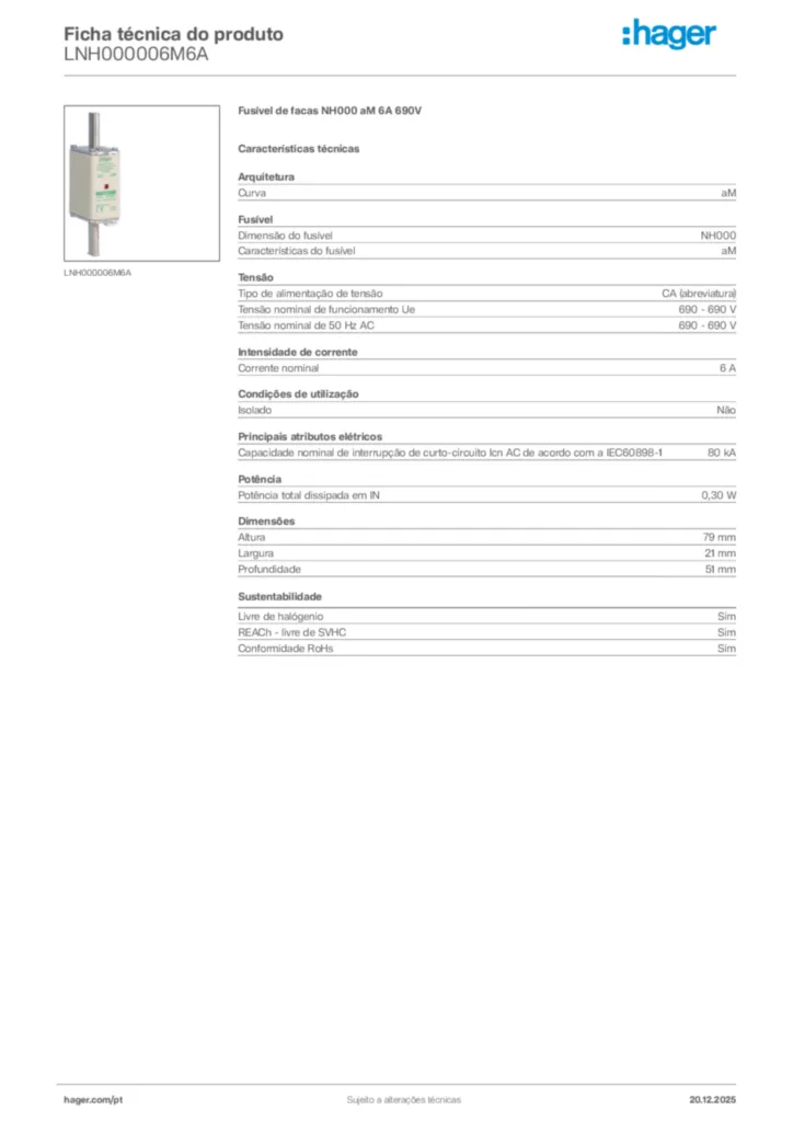 Imagem Hager Ficha técnica do produto LNH000006M6A | Hager Portugal