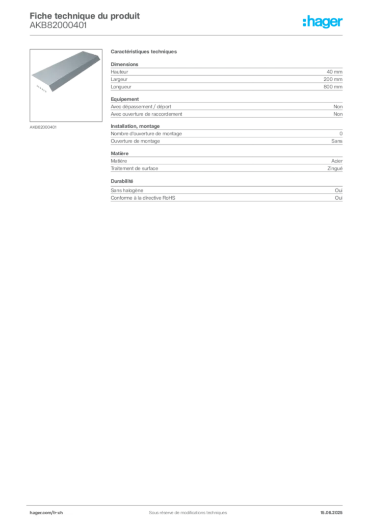Image Hager Fiche technique du produit AKB82000401 | Hager Suisse