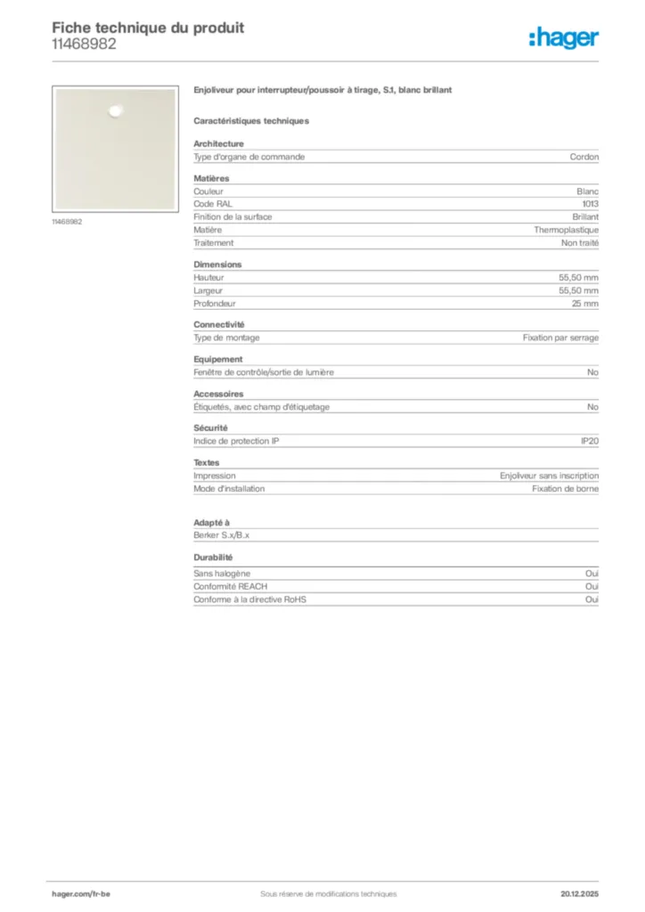 Image Hager Fiche technique du produit 11468982 | Hager Belgique