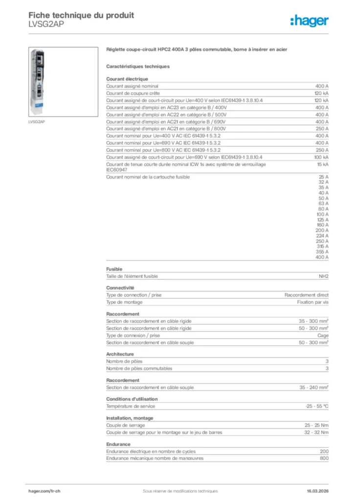 Image Hager Fiche technique du produit LVSG2AP | Hager Suisse