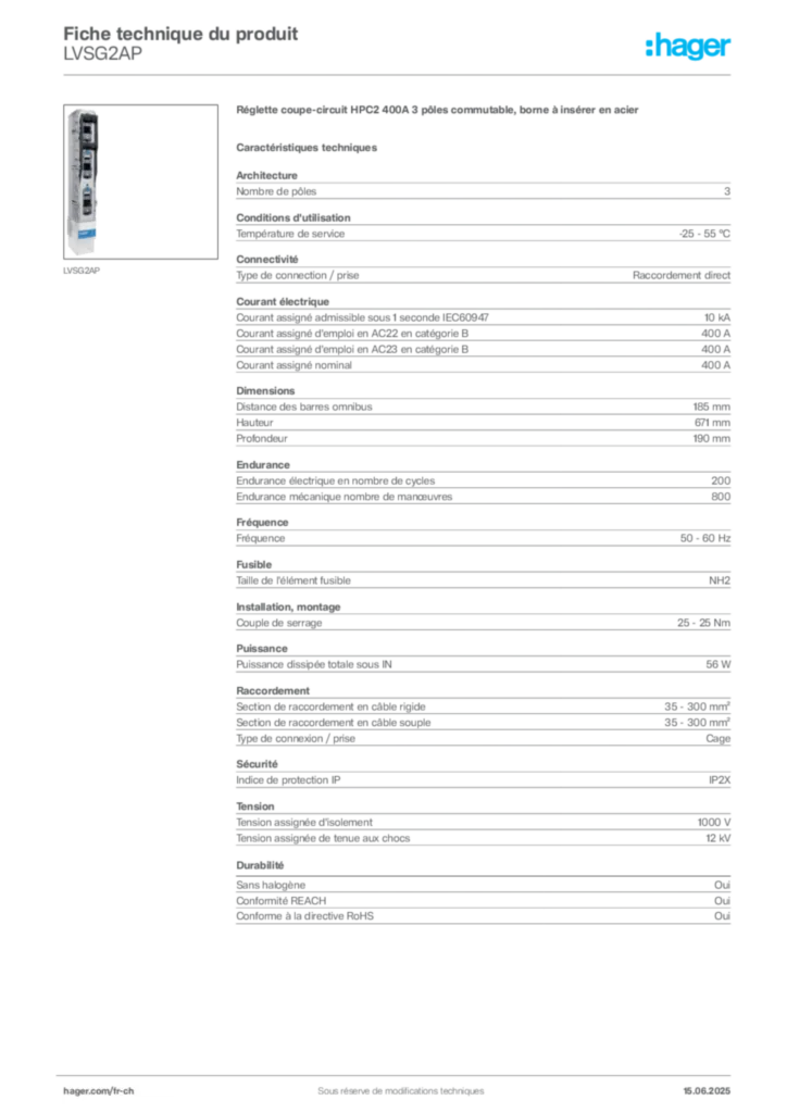 Image Hager Fiche technique du produit LVSG2AP | Hager Suisse