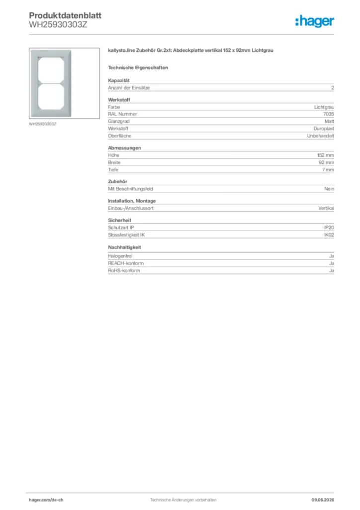 Bild Hager Produktdatenblatt WH25930303Z | Hager Schweiz