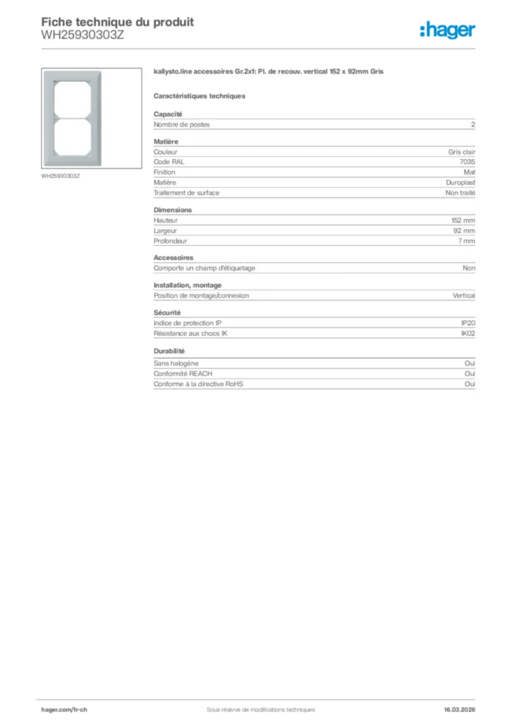 Image Hager Fiche technique du produit WH25930303Z | Hager Suisse