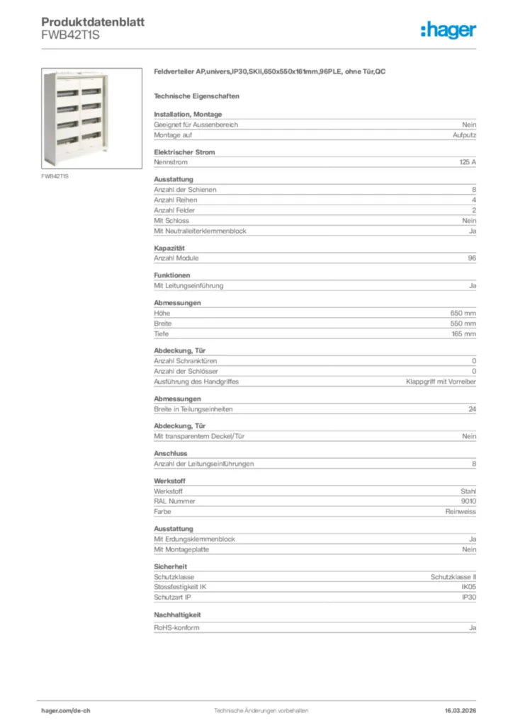 Bild Hager Produktdatenblatt FWB42T1S | Hager Schweiz