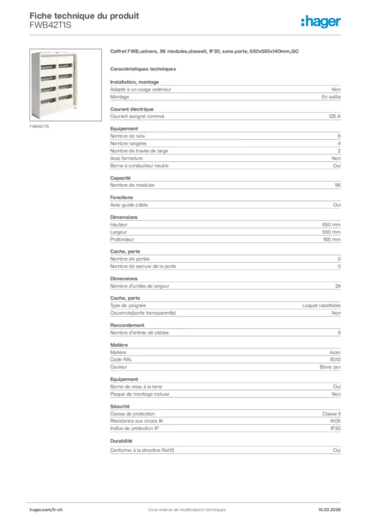 Image Hager Fiche technique du produit FWB42T1S | Hager Suisse