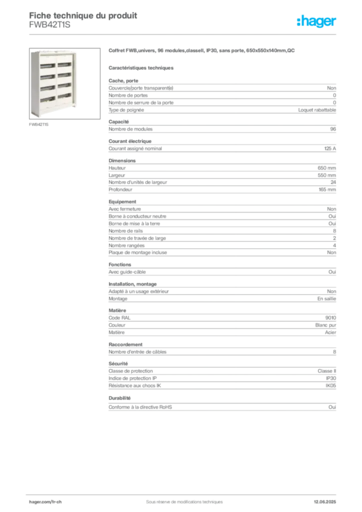 Image Hager Fiche technique du produit FWB42T1S | Hager Suisse