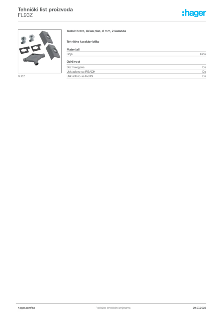 Slika Hager Product data sheet FL93Z  | Hager