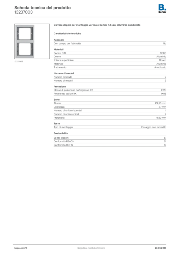 Immagine Berker Scheda tecnica del prodotto 13237003 | Hager Italia
