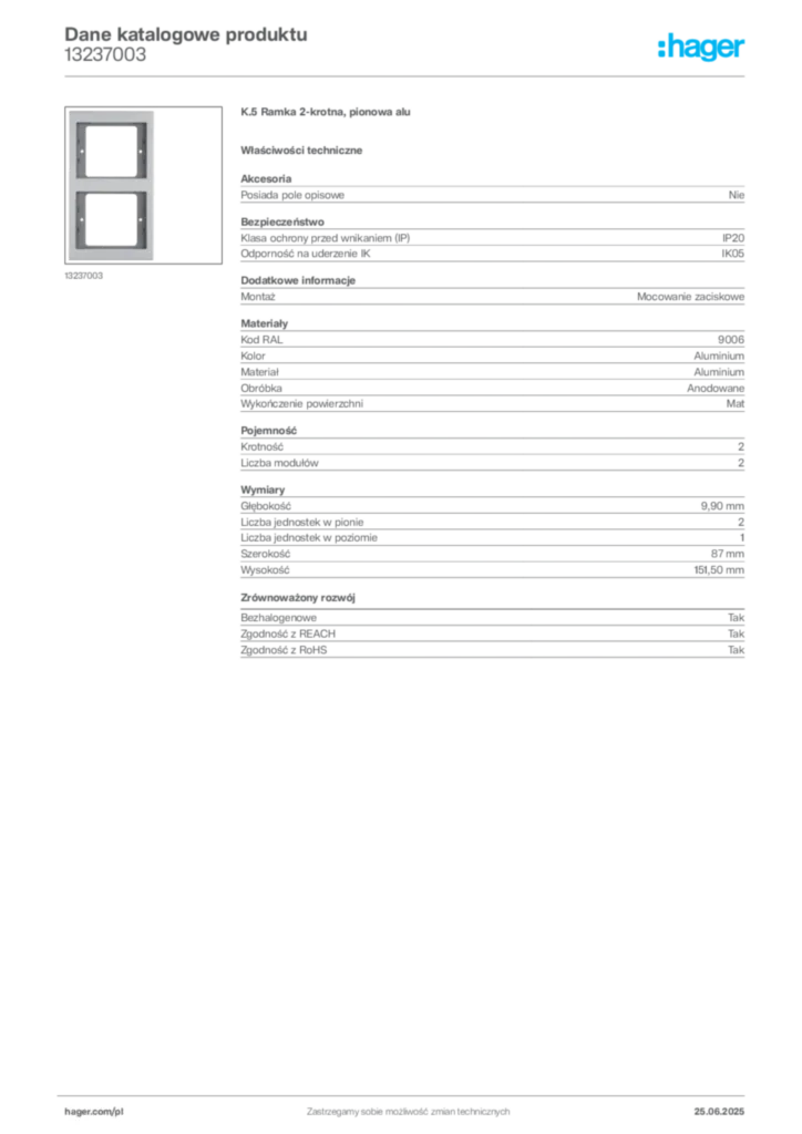 Zdjęcie Hager Dane katalogowe produktu 13237003 | Hager Polska