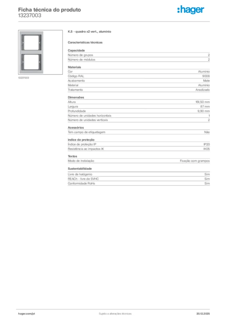 Imagem Hager Ficha técnica do produto 13237003 | Hager Portugal