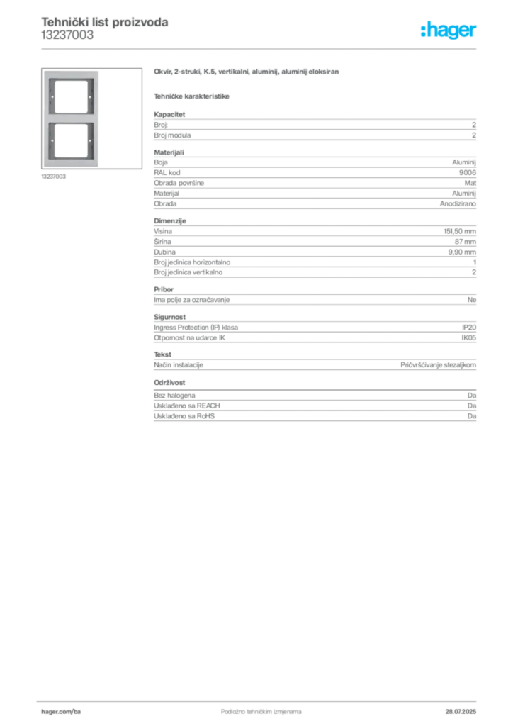 Slika Hager Product data sheet 13237003  | Hager
