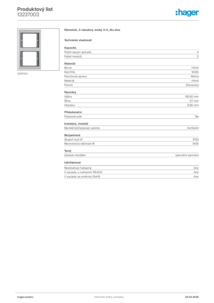 Obrázek Hager Product data sheet 13237003 | Hager