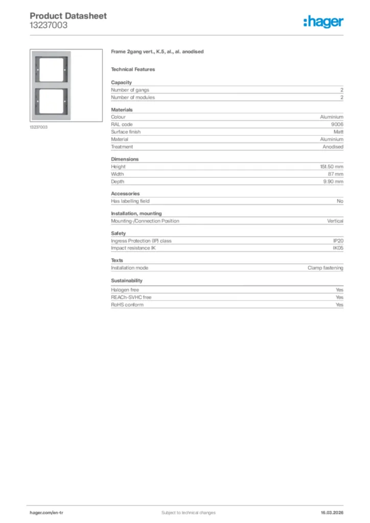 Image Hager Product data sheet 13237003  | Hager