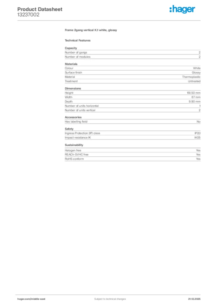 Image Hager Product data sheet 13237002  | Hager