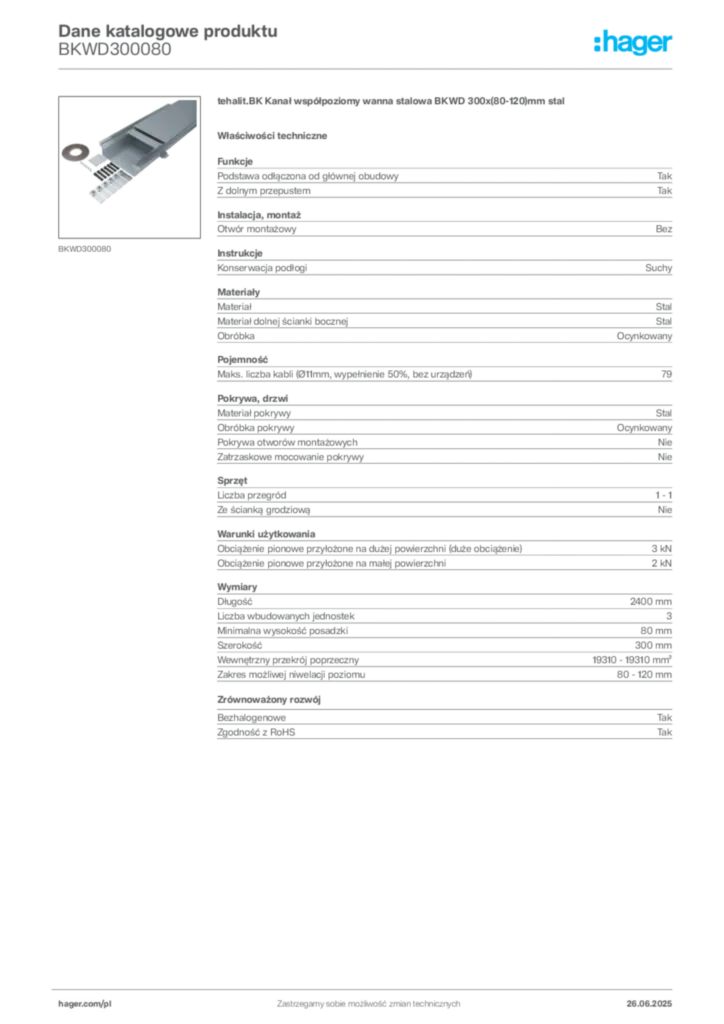 Zdjęcie Hager Dane katalogowe produktu BKWD300080 | Hager Polska