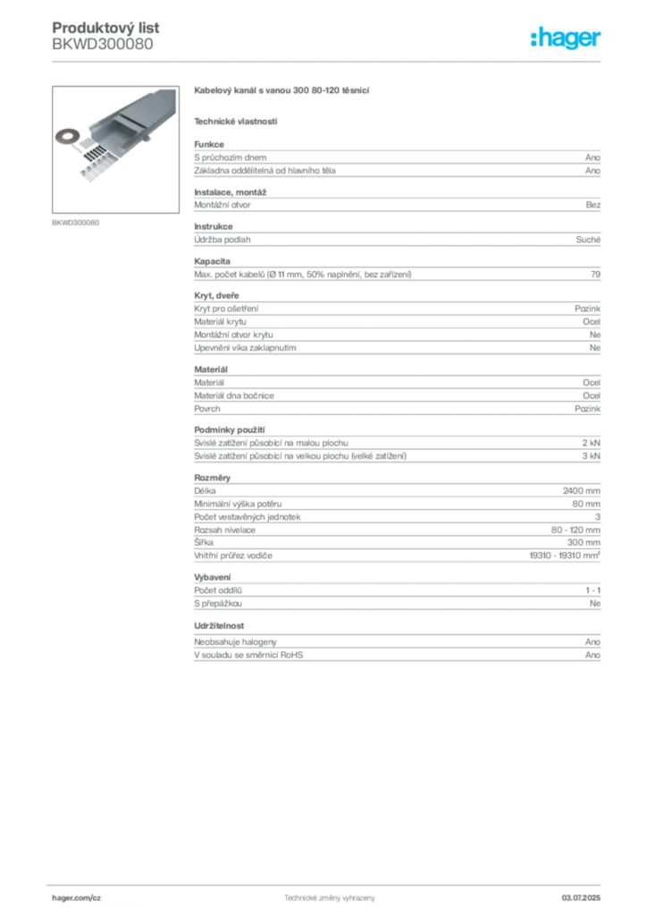 Obrázek Hager Produktový list BKWD300080 | Hager