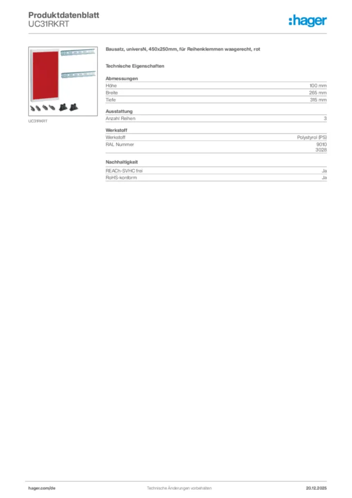 Bild Hager Produktdatenblatt UC31RKRT | Hager Deutschland