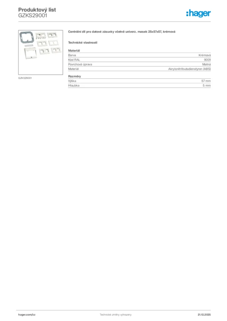 Obrázek Hager Produktový list GZKS29001 | Hager