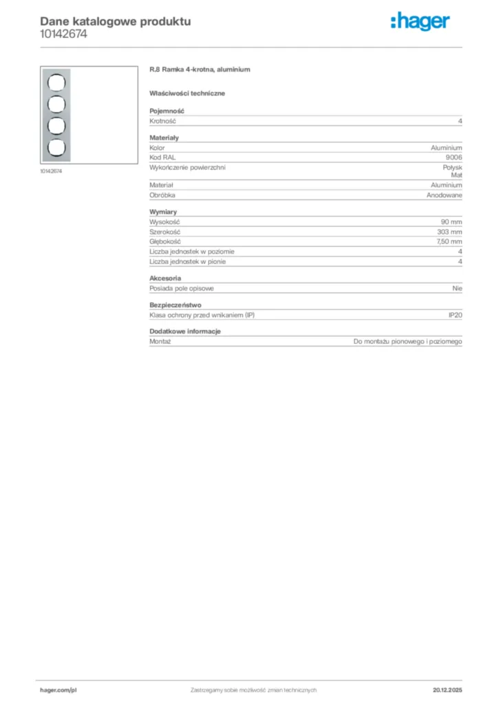 Zdjęcie Hager Dane katalogowe produktu 10142674 | Hager Polska