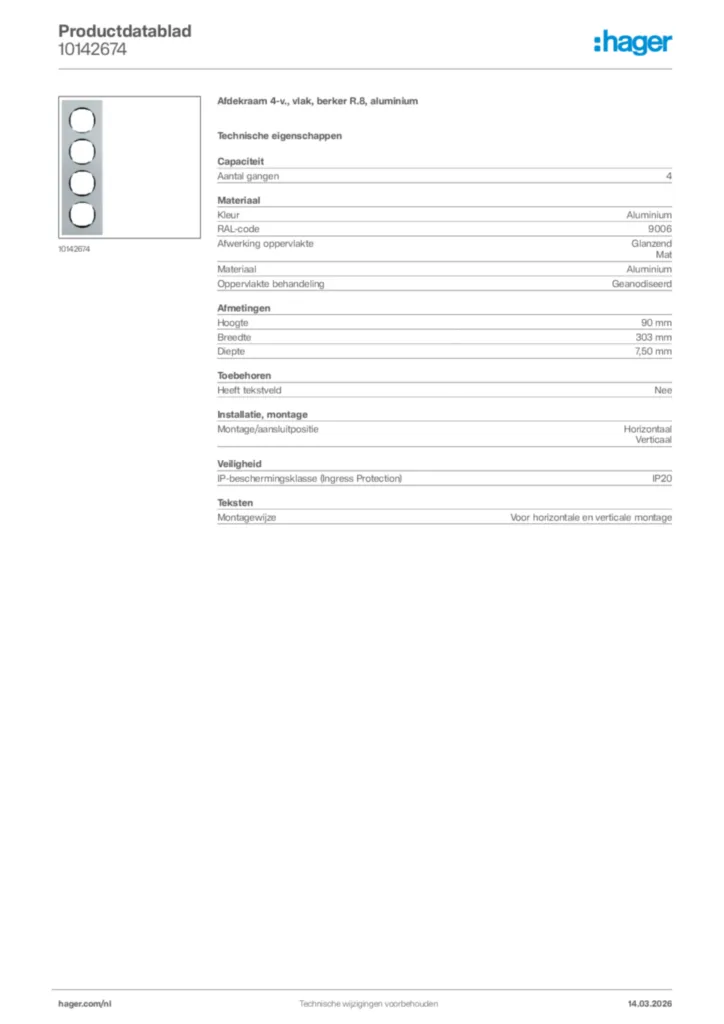 Afbeelding Hager Productdatablad 10142674 | Hager Nederland