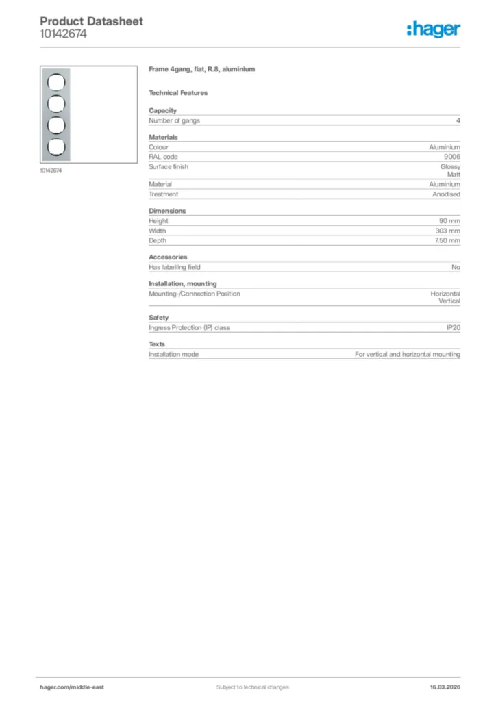 Image Hager Product data sheet 10142674  | Hager