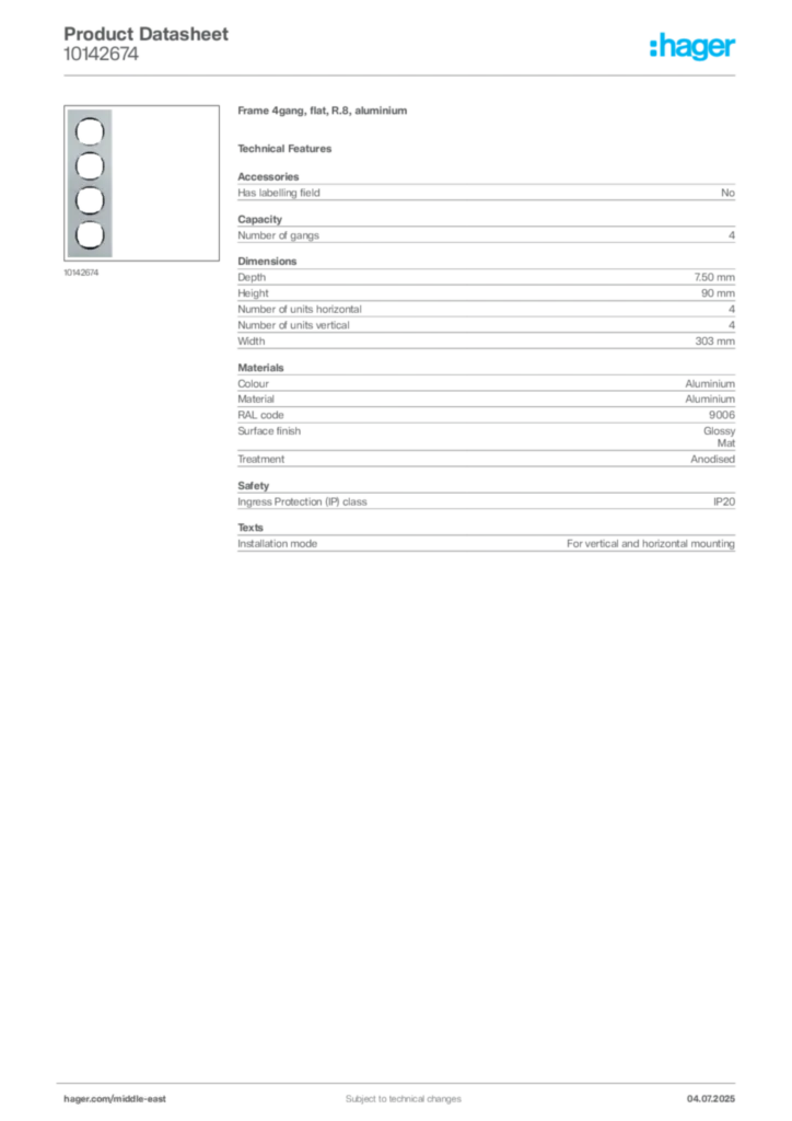 Image Hager Product data sheet 10142674  | Hager
