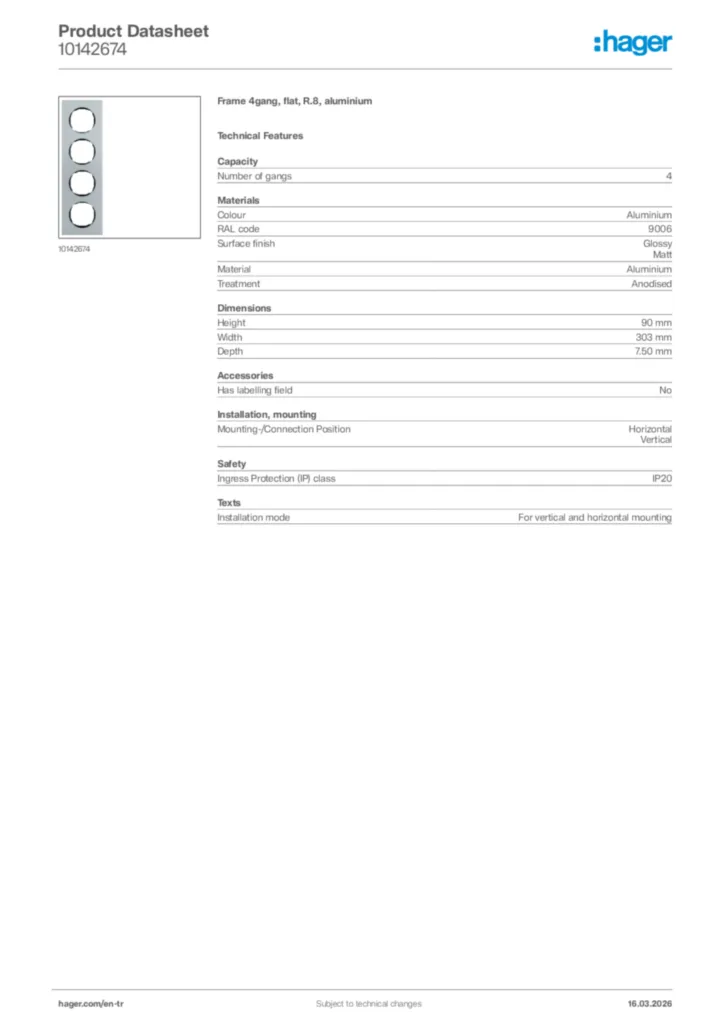 Image Hager Product data sheet 10142674  | Hager