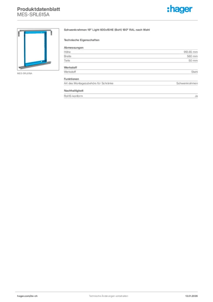 Bild Hager Produktdatenblatt MES-SRL615A | Hager Schweiz