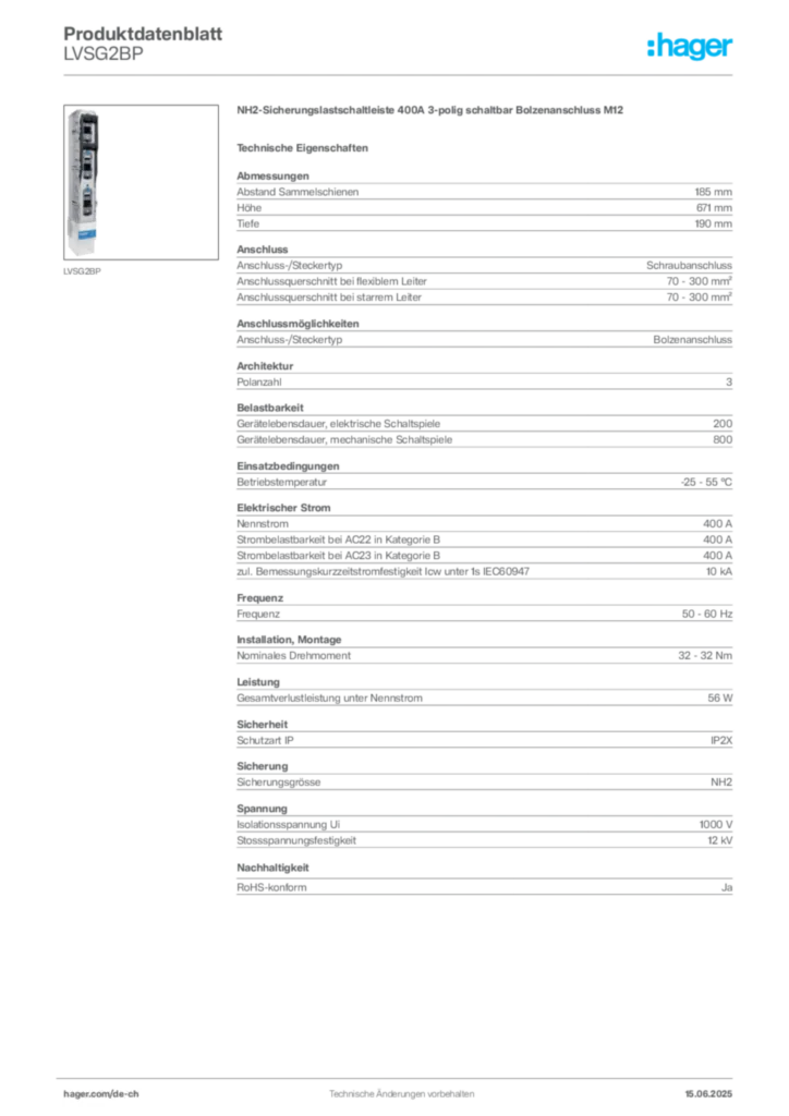 Bild Hager Produktdatenblatt LVSG2BP | Hager Schweiz